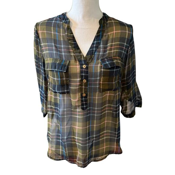 Stitch Fix Papermoon Sheer Long sleeve top Olive Green Plaid Print M - Picture 1 of 7